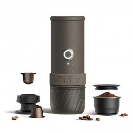 Espressor portabil Outin Mino SG, 22 bari, 9000 mAh, 70 ml, Extractie la 93,3°C, Cafea macinata si capsule Nespresso, USB-C, Gri