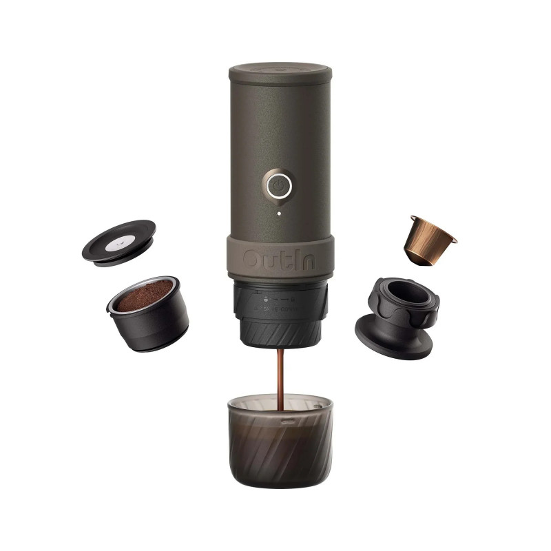 Espressor portabil Outin Mino SG, 22 bari, 9000 mAh, 70 ml, Extractie la 93,3°C, Cafea macinata si capsule Nespresso, USB-C, Gri