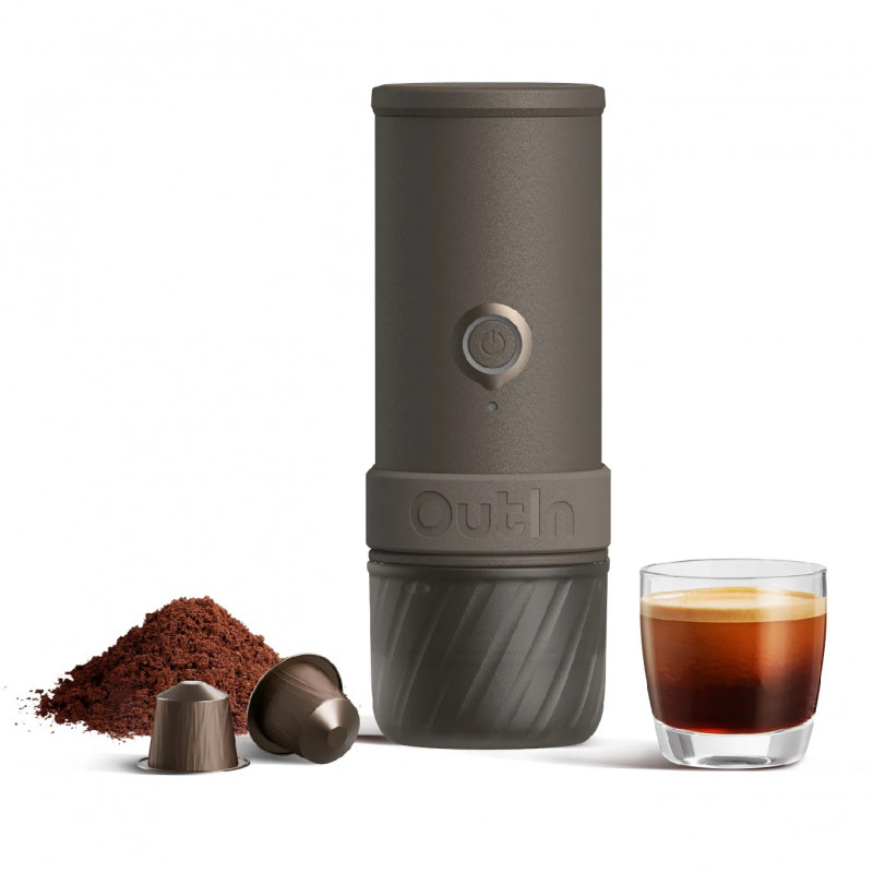 Espressor portabil Outin Mino SG, 22 bari, 9000 mAh, 70 ml, Extractie la 93,3°C, Cafea macinata si capsule Nespresso, USB-C, Gri