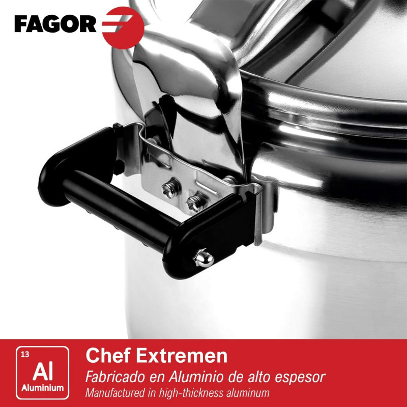 La mâna a doua: Oală sub presiune Fagor Chef Extremen 100602653, 15 L, 30 cm, 50 kPa, 3 sisteme de siguranta, Aluminiu, Argintiu