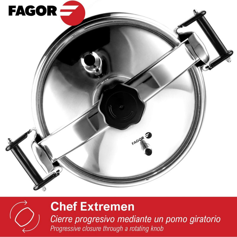 La mâna a doua: Oală sub presiune Fagor Chef Extremen 100602653, 15 L, 30 cm, 50 kPa, 3 sisteme de siguranta, Aluminiu, Argintiu
