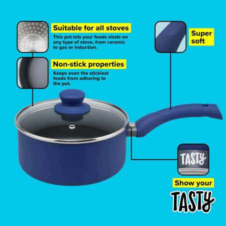 La mâna a doua: Cratita cu capac din sticla Tasty Everyday 678556, 18 cm, 1,8 l, Maner moale, Aluminiu, Acoperire antiaderenta, Albastru