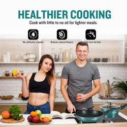 La mâna a doua: Set oale si tigai Herzberg HG-METBL15, 15 piese, Aluminiu 3003, Acoperire marmura, Capace din sticla, Inductie, Verde albastru
