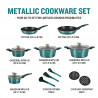 La mâna a doua: Set oale si tigai Herzberg HG-METBL15, 15 piese, Aluminiu 3003, Acoperire marmura, Capace din sticla, Inductie, Verde albastru