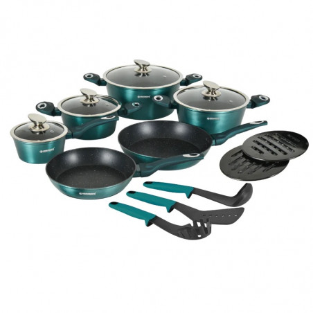 La mâna a doua: Set oale si tigai Herzberg HG-METBL15, 15 piese, Aluminiu 3003, Acoperire marmura, Capace din sticla, Inductie, Verde albastru