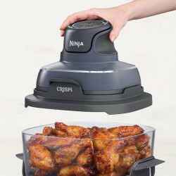 La mâna a doua: Friteuza cu aer cald portabila 4in1 Ninja CRISPi FN101EUGY, 1700W, 3.8l, 6 portii, 2 recipiente din sticla, 4 programe, Fara PFAS si BPA, Albastru inchis