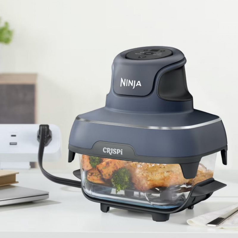 La mâna a doua: Friteuza cu aer cald portabila 4in1 Ninja CRISPi FN101EUGY, 1700W, 3.8l, 6 portii, 2 recipiente din sticla, 4 programe, Fara PFAS si BPA, Albastru inchis