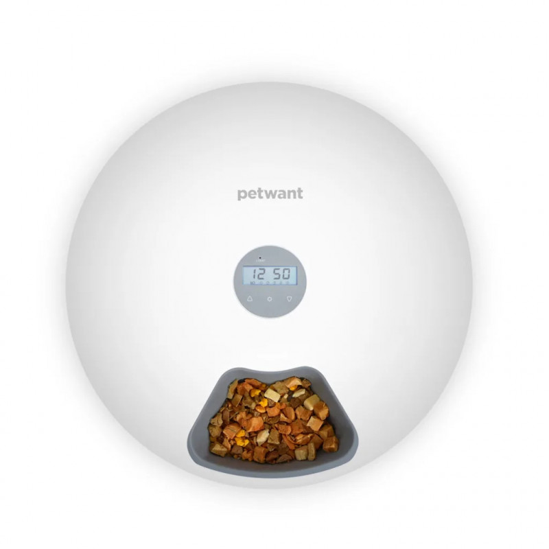La mâna a doua: Hranitor automat pentru animale de companie Petwant F6, 6 x 180ml compartimente, Picioruse anti-alunecare, Afisaj LED, USB, Alb