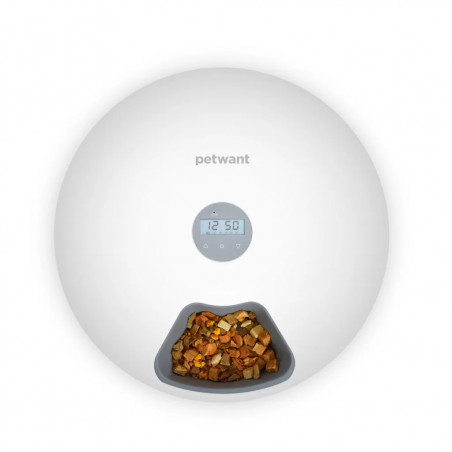 La mâna a doua: Hranitor automat pentru animale de companie Petwant F6, 6 x 180ml compartimente, Picioruse anti-alunecare, Afisaj LED, USB, Alb