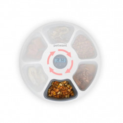 La mâna a doua: Hranitor automat pentru animale de companie Petwant F6, 6 x 180ml compartimente, Picioruse anti-alunecare, Afisaj LED, USB, Alb