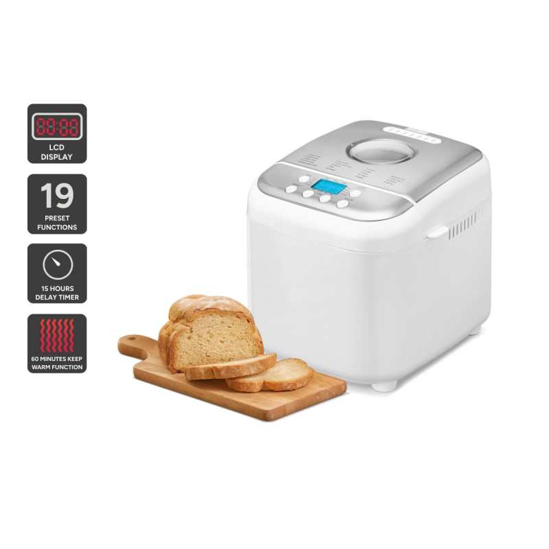 La mâna a doua: Masina de facut paine Crown CBM-6511, 600W, 1L, 19 programe, Timer, Afisaj LCD, Memorie, Alb