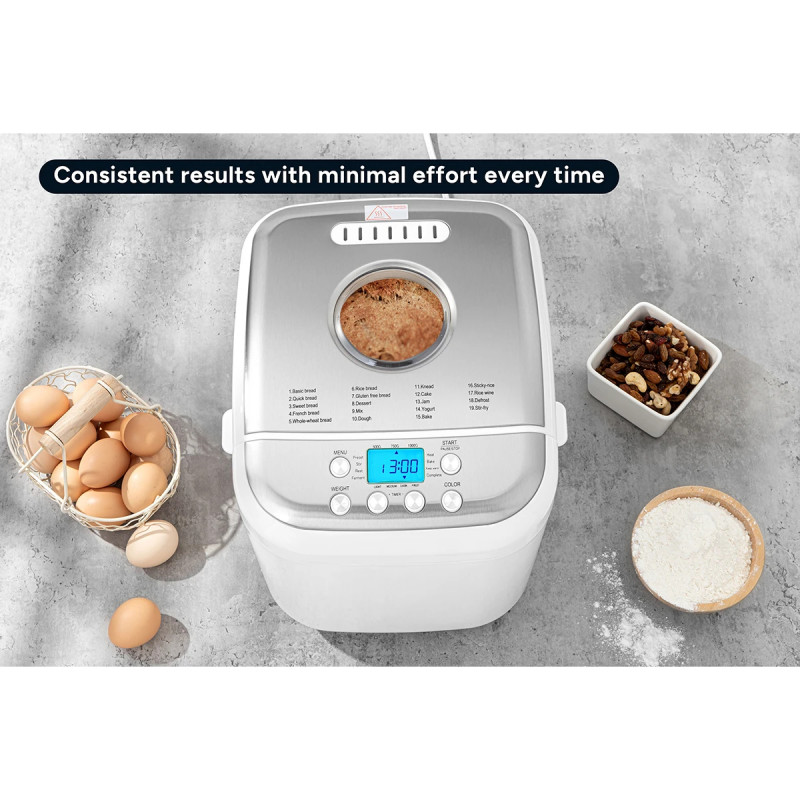 La mâna a doua: Masina de facut paine Crown CBM-6511, 600W, 1L, 19 programe, Timer, Afisaj LCD, Memorie, Alb