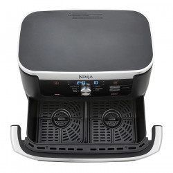 La mâna a doua: Friteuza dubla cu aer cald Ninja AF500EU, 10.4 L, 7 programe, Timer, Zone independente, Negru/Inox