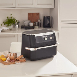 La mâna a doua: Friteuza dubla cu aer cald Ninja AF500EU, 10.4 L, 7 programe, Timer, Zone independente, Negru/Inox