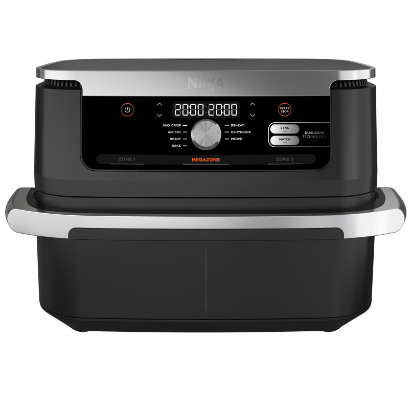 La mâna a doua: Friteuza dubla cu aer cald Ninja AF500EU, 10.4 L, 7 programe, Timer, Zone independente, Negru/Inox