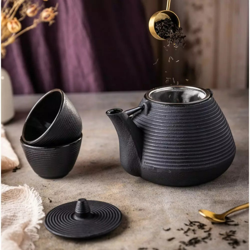 La mâna a doua: Ceainic din fonta cu 2 cani Kinghoff KH 1846, 1 L, Filtru, Inductie, Negru
