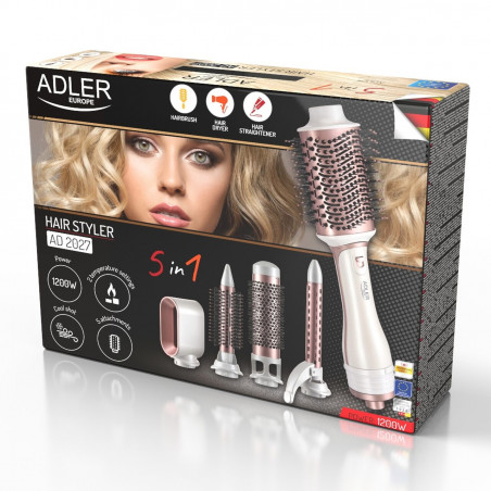 La mâna a doua: Perie de uscare si de coafare 5in1 Adler AD 2027, 1200 W, 2 temperaturi, Acoperire ceramica, Accesorii, Alb/Roz
