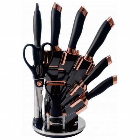 La mâna a doua: Set cutite Oliver Voltz OV51633K9G, 9 piese, Suport, Negru/Golden Rose