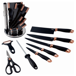 La mâna a doua: Set cutite Oliver Voltz OV51633K9G, 9 piese, Suport, Negru/Golden Rose