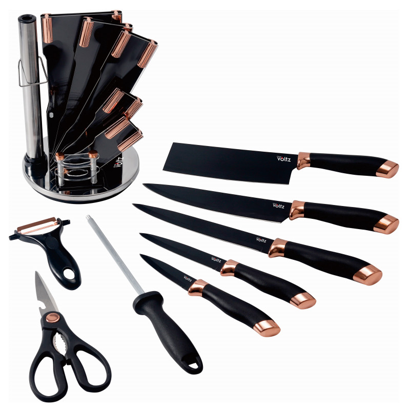 La mâna a doua: Set cutite Oliver Voltz OV51633K9G, 9 piese, Suport, Negru/Golden Rose