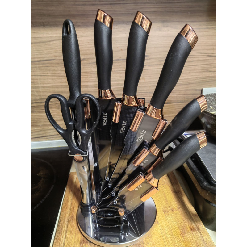 La mâna a doua: Set cutite Oliver Voltz OV51633K9G, 9 piese, Suport, Negru/Golden Rose