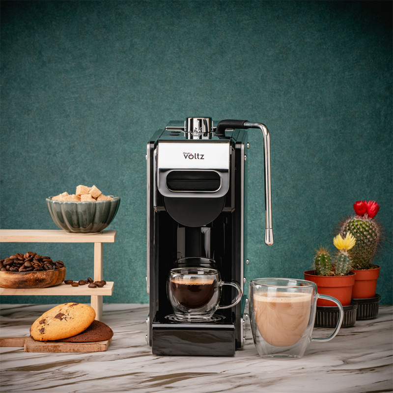 La mâna a doua: Espressor cafea macinata si capsule 8in1 Oliver Voltz OV51171N8M, 1450W, 1 L, 5 adaptoare, 19 bar, Negru/Argintiu