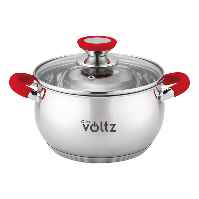 La mâna a doua: Oala Oliver Voltz OV51210N18, 18 cm, 2,5 l, Inductie, Manere silicon rosii, Inox/Roşu