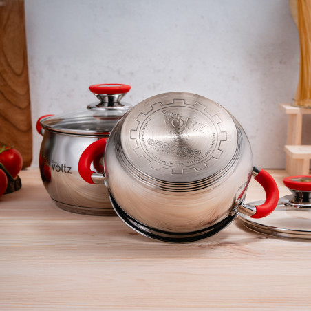 La mâna a doua: Oala Oliver Voltz OV51210N18, 18 cm, 2,5 l, Inductie, Manere silicon rosii, Inox/Roşu