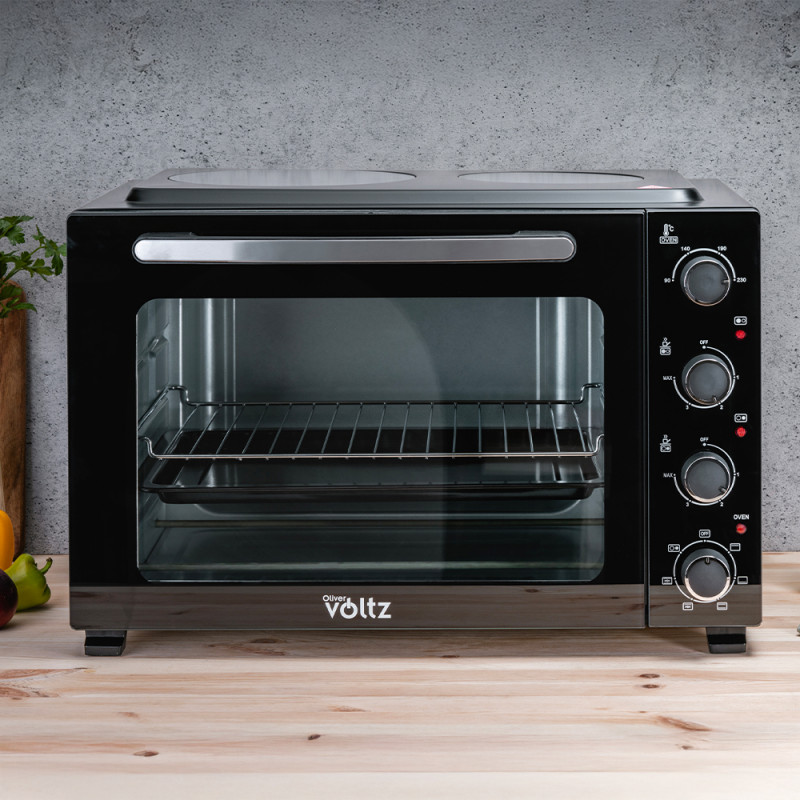 La mâna a doua: Cuptoc electric cu plite Oliver Voltz OV51441E45, 4300 W, 6 trepte, 45 L, 90-230°C, 2 plite cu infrarosu, Ventilator, Iluminare, Negru