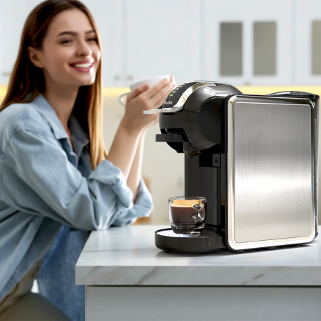 La mâna a doua: Espressor 8in1 Oliver Voltz OV51171K8R, 1450W, 0.8 L, 5 adaptoare, 19 bar, Cafea macinata si capsule, Negru/Argentiu