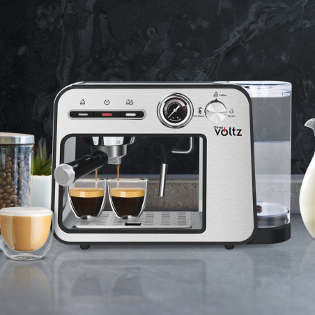 La mâna a doua: Espressor Oliver Voltz OV51171H, 1450W, 15 bar, 1L, Cafea macinata, Spumare lapte, Incalzire cesti, Inox