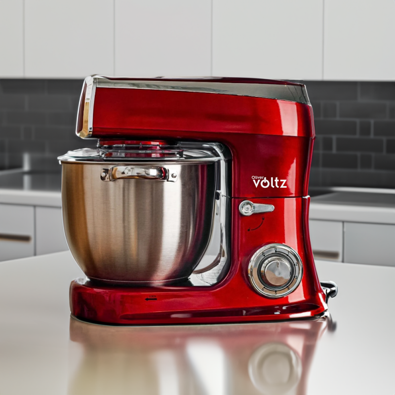 La mâna a doua: Mixer planetar Oliver Voltz V51115A, 2100W, 7.5 litri, 6 viteze, Pulse, 3 agitatoare, Rosu