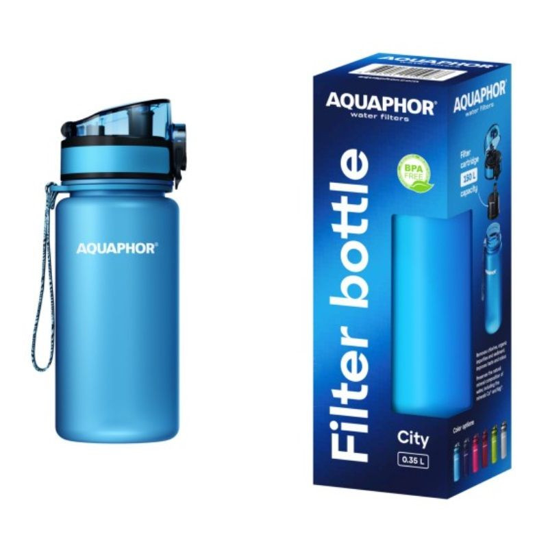 Sticla cu filtru pentru apa Aquaphor City 160026, 350 ml, Tritan, Carbune activ, Aqualen, Capac cu inchidere, Albastru