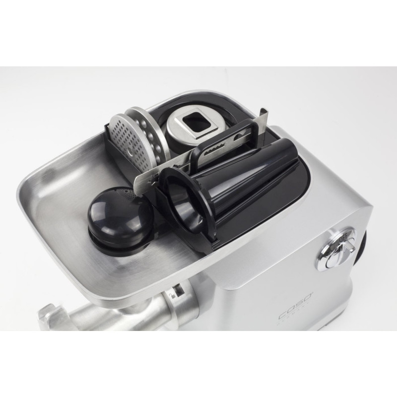 Masina de tocat electrica Caso FW 2000, 2000 W, 2 viteze, Reverse, Accesorii, Otel inoxidabil, Alb