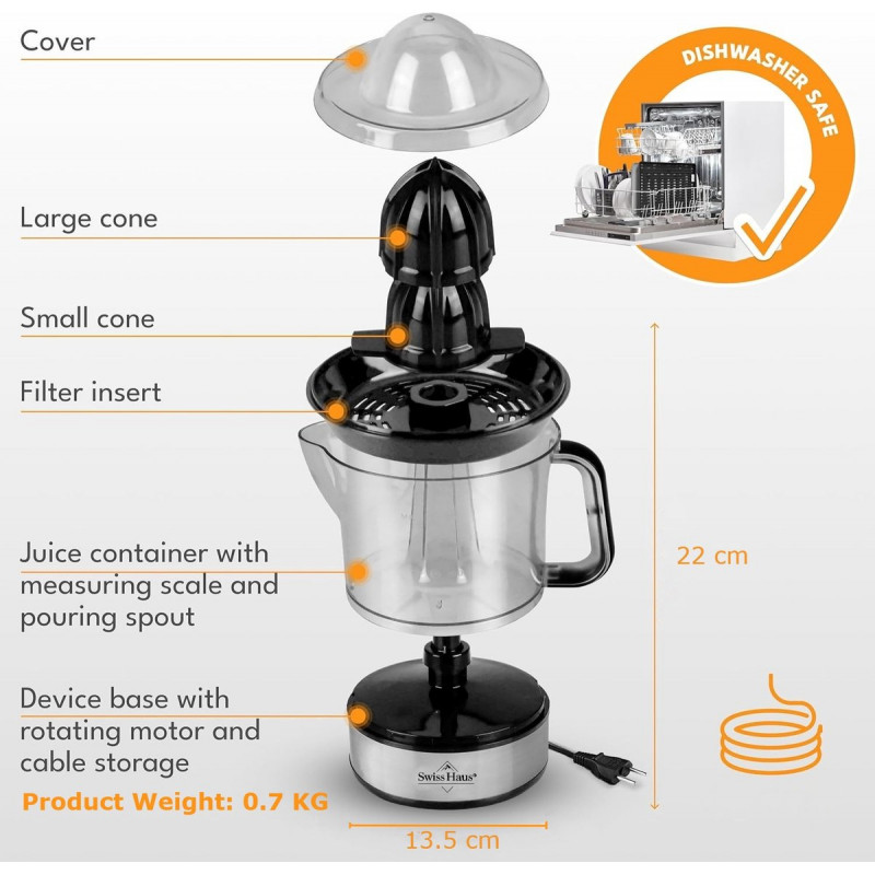 Storcator electric citrice Swiss Haus SH-CJ2140, 40 W, 1 l, Filtru,Rotatie bidirectionala, Fara BPA, Cupru/Negru