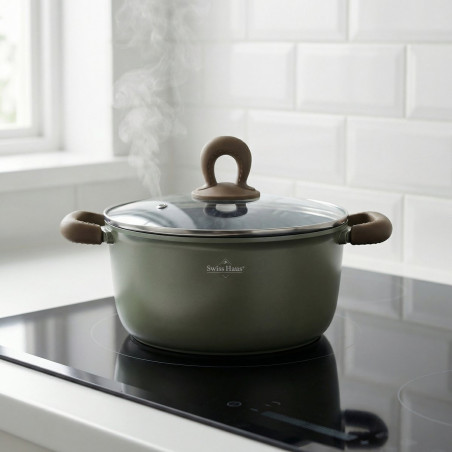 Set de oale si tigaie Swiss Haus SH-ZL3018G, 18 piese, Acoperire ceramica Sapphire, Fara PFAS, Inductie, Verde