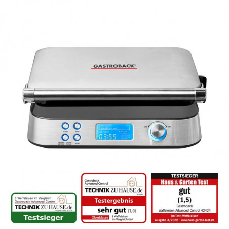 Aparat de preparat vafe Gastroback Advanced Control, 1600 W, 220 ml, 7 trepte de coacere, elemente de încălzire duble, plăci adânci, cronometru, protecție împotriva revărsării, argintiu