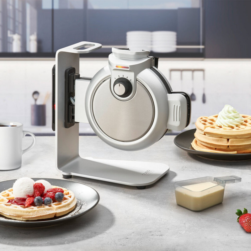 Aparat vertical pentru vafe Caso Design WaffleUp, 800 W, 18 cm, 5 trepte, Strat dublu antiaderent, Semnal sonor si luminos, Recipient compozitie , Argintiu