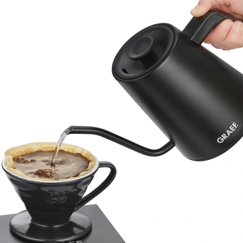 Fierbător electric Graef Pour-over GK502, 1200 W, 900 ml, 40-100 °C, funcție de menținere a căldurii, filtru, gura de scurgere tip „gât de lebădă”, negru mat