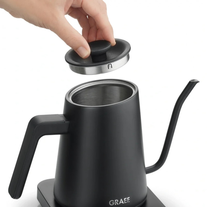 Fierbător electric Graef Pour-over GK502, 1200 W, 900 ml, 40-100 °C, funcție de menținere a căldurii, filtru, gura de scurgere tip „gât de lebădă”, negru mat