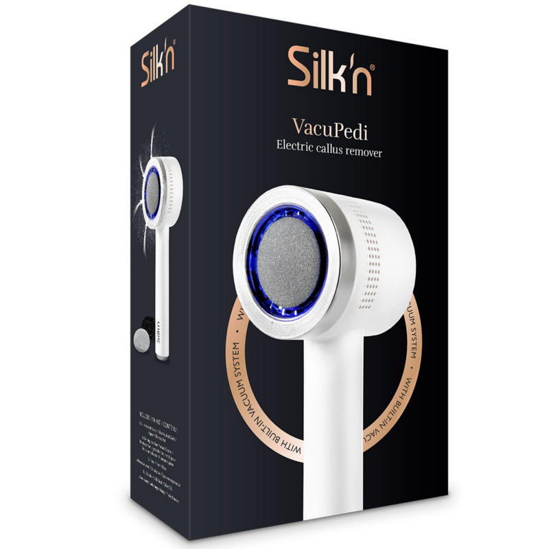 Pile electrică pentru piele aspră și bătături Silk'n VacuPedi VPC1PE1001, 2 viteze, 3 discuri, filtre interschimbabile și lavabile, sistem de aspirare, alb/argintiu