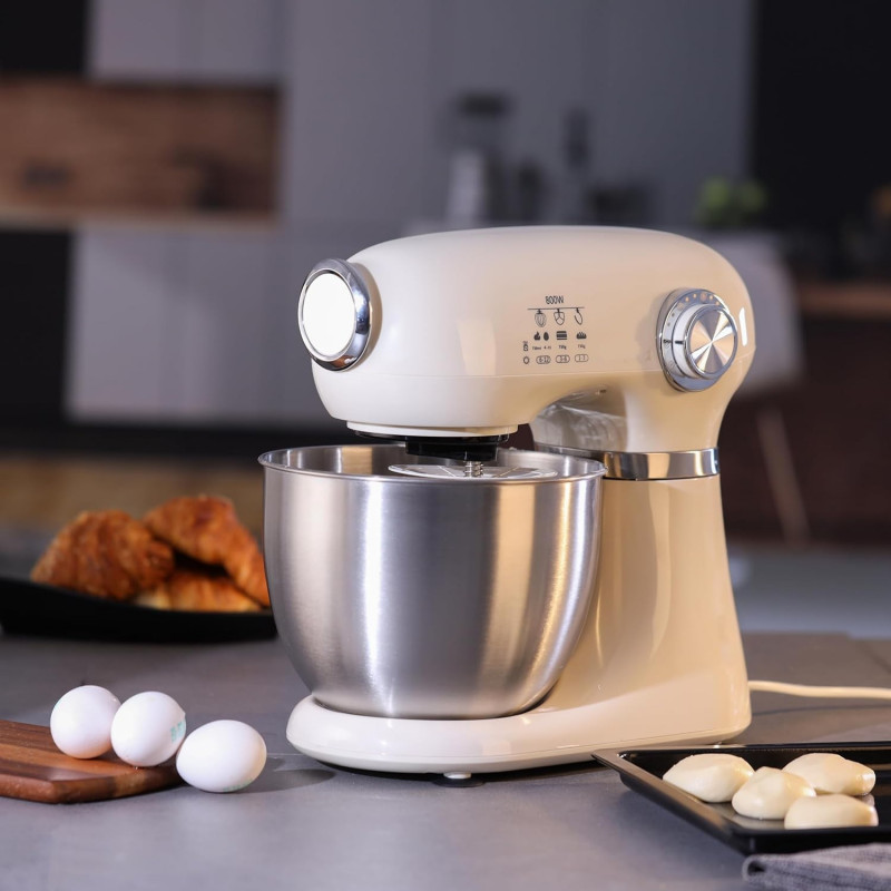 Mixer planetar Swiss Haus SH-KM2005, 1000 W, 5 l, 12 viteze, pornire treptată, cap rabatabil, vas din inox, bej