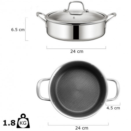 Oală joasă Swiss Haus SH-ZGLC24, 24 cm, 2,9 l, acoperire ceramică Sapphire, capac din sticlă, utilizabilă la cuptor până la 260 °C, compatibilă cu plitele cu inducție, argintiu