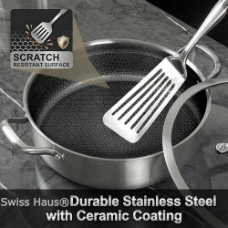 Oală joasă Swiss Haus SH-ZGLC24, 24 cm, 2,9 l, acoperire ceramică Sapphire, capac din sticlă, utilizabilă la cuptor până la 260 °C, compatibilă cu plitele cu inducție, argintiu