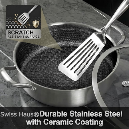 Oală joasă Swiss Haus SH-ZGLC24, 24 cm, 2,9 l, acoperire ceramică Sapphire, capac din sticlă, utilizabilă la cuptor până la 260 °C, compatibilă cu plitele cu inducție, argintiu