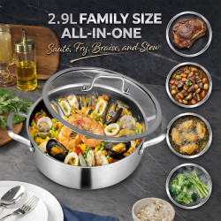 Oală joasă Swiss Haus SH-ZGLC24, 24 cm, 2,9 l, acoperire ceramică Sapphire, capac din sticlă, utilizabilă la cuptor până la 260 °C, compatibilă cu plitele cu inducție, argintiu