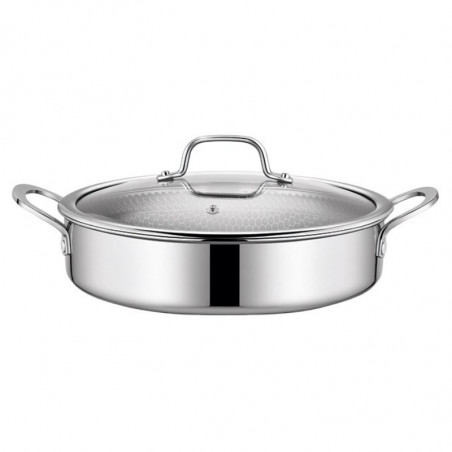 Oală joasă Swiss Haus SH-ZGLC24, 24 cm, 2,9 l, acoperire ceramică Sapphire, capac din sticlă, utilizabilă la cuptor până la 260 °C, compatibilă cu plitele cu inducție, argintiu