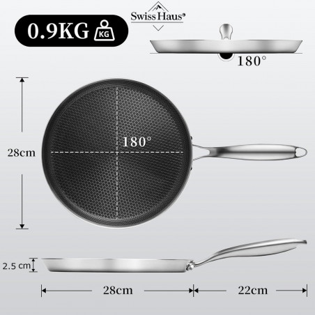 Tigaie pentru clătite Swiss Haus SH-ZGCP28, 28 x 2,4 cm, acoperire ceramică Sapphire, fără PTFE/PFAS/PFOA, compatibilă cu plitele cu inducție, argintie