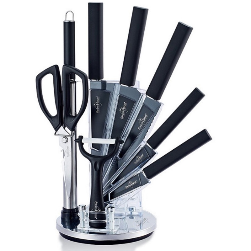 Set de cuțite cu suport Swiss Haus SH-KSL9B, 9 piese, mânere antiderapante, oțel inoxidabil, negru