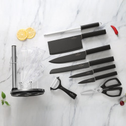 Set de cuțite cu suport Swiss Haus SH-KSL9B, 9 piese, mânere antiderapante, oțel inoxidabil, negru